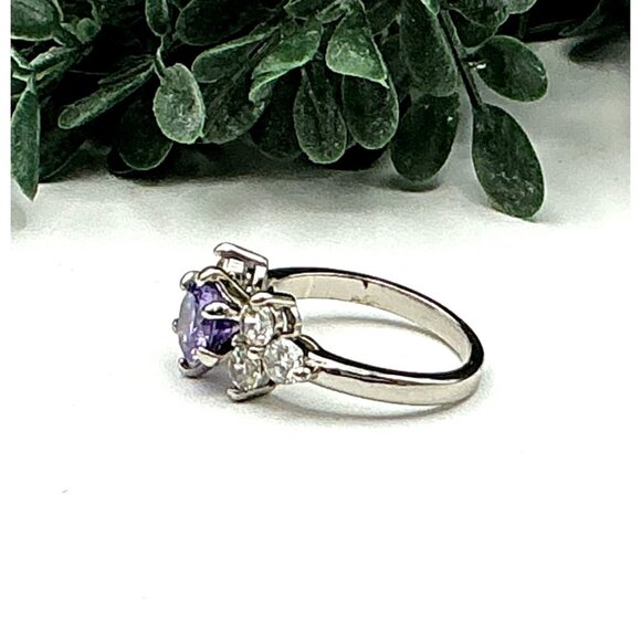 Silver Tone Ring With Purple & Clear Cubic Zirconia Stones - Picture 5 of 6